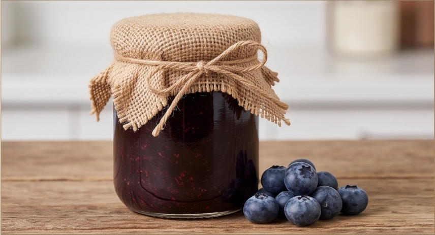 Jar of blueberry jam with blueberries