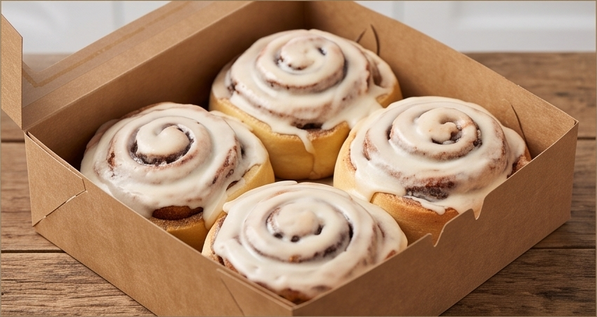 Four cinnamon rolls in a bakery box
